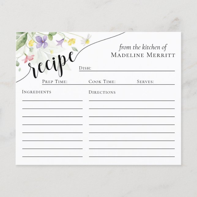 Recipe Card Simple Elegant Watercolor Wildflowers (Front)