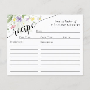 Recipe Card Simple Elegant Watercolor Wildflowers