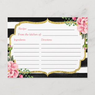 Recipe Card Watercolor Floral Stripe Bridal Shower