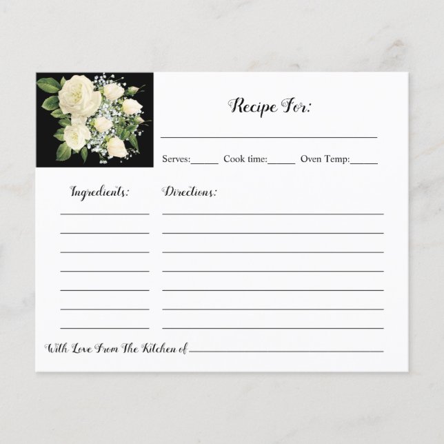 Recipe Card White Roses Bridal Shower Card (Front)