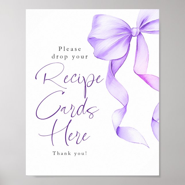 Recipe Cards Purple Bow Bridal Shower Sign (Front)