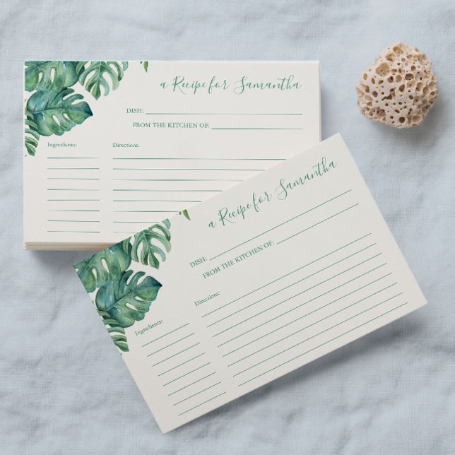 Recipe Cards Tropical Greenery (Recipe cards for bridal shower watercolor tropical monstera palm leaf art by Victoria Grigaliunas )