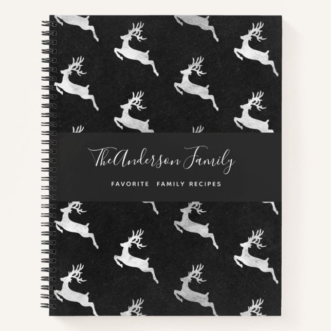 Recipe Christmas reindeer black silver monogram Notebook (Front)