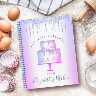 Recipe Cookbook Cake Bakery Purple Glitter Drips Notebook