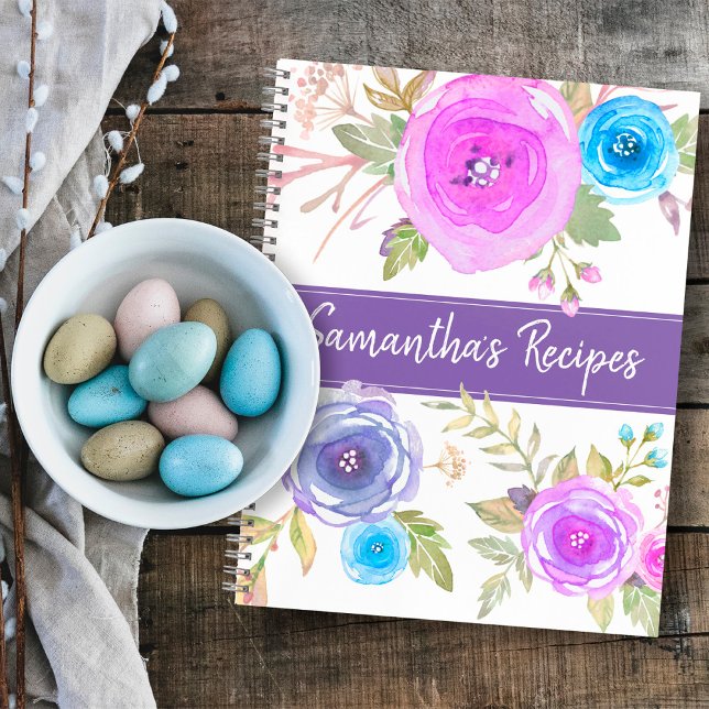 Recipe cookbook chic blue purple floral watercolor notebook (Creator Uploaded)
