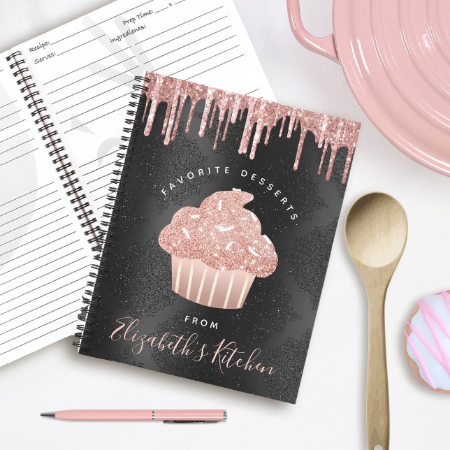 Recipe Cookbook Cupcake Rose Gold Glitter on Black Notebook (Creator Uploaded)