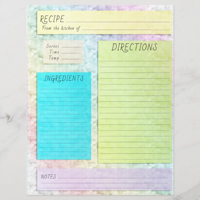 Recipe Cookbook Insert Pretty Pastel (Front)