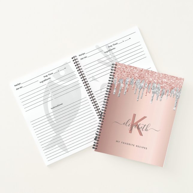 Recipe cookbook monogram glitter rose gold silver notebook (Inside)
