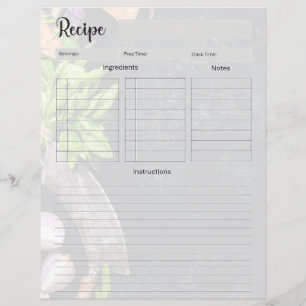 Recipe cookbook page insert