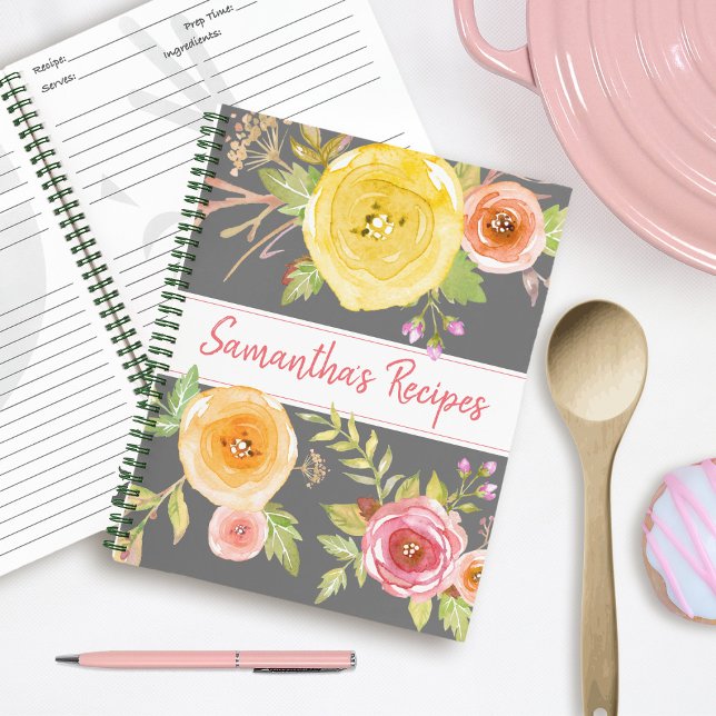 Recipe cookbook pink yellow floral watercolor grey notebook (Creator Uploaded)