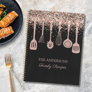 Recipe Cookbook Rose Gold Glitter Kitchen Utensils Notebook