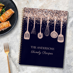 Recipe Cookbook Rose Gold Glitter Kitchen Utensils Notebook