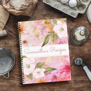 Recipe cookbook, vintage pink floral watercolor notebook