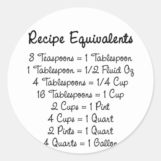 Recipe Equivalents Kitchen Helper Classic Round Sticker (Front)
