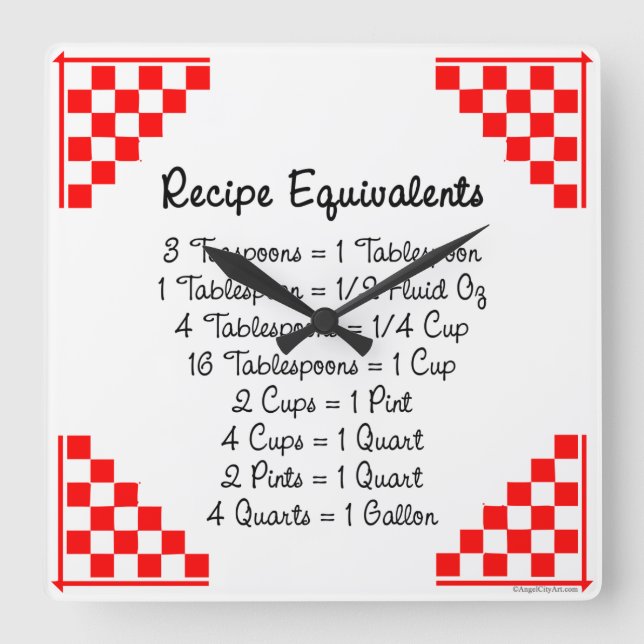 Recipe Equivalents Red White Kitchen Clock (Front)