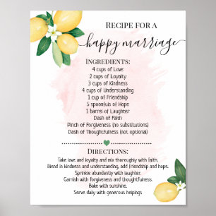 Recipe for a Happy Marriage Lemon Pink Shower Gift Poster