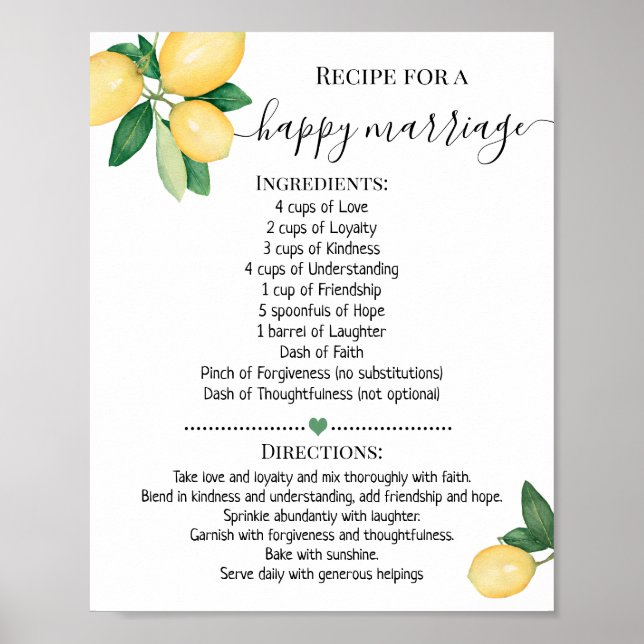 Recipe for a Happy Marriage Lemons Shower gift Poster (Front)