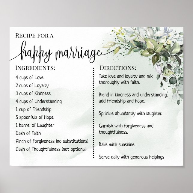 Recipe for a happy marriage newlyweds eucalyptus poster (Front)