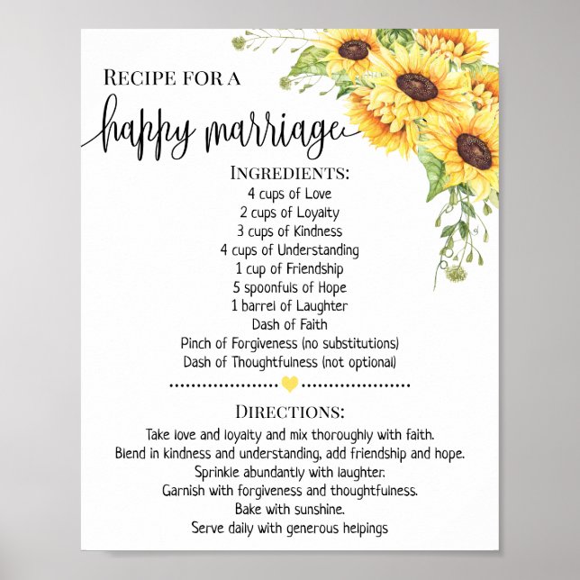 Recipe for happy marriage shower gift sunflower poster (Front)