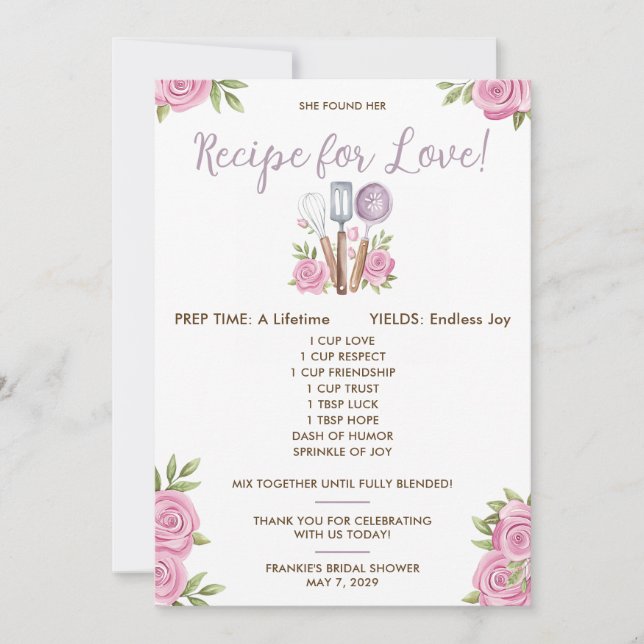 Recipe for Love Bridal Shower Favour Cards (Front)