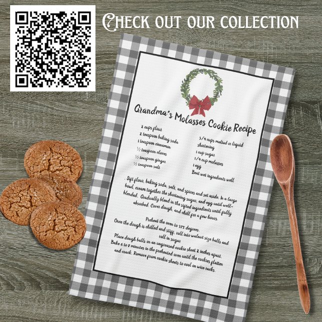 Recipe Keepsake Christmas Cookies Grey Plaid Tea Towel (Creator Uploaded)