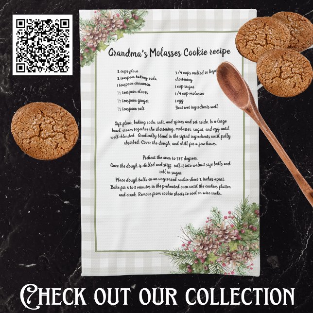 Recipe keepsake Christmas Pine Cones Grey plaid Tea Towel (Creator Uploaded)