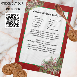 Recipe keepsake Red Christmas Pinecones Greenery Tea Towel