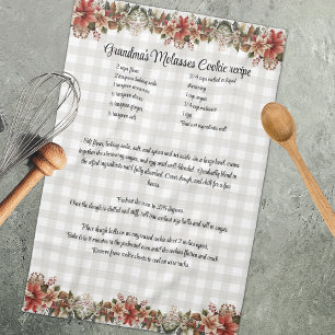 Recipe Keepsake Xmas Cookie Grey Bufaloe plaid Tea Towel