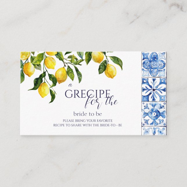 Recipe Lemon Citrus Blue Tiles Bridal Shower Enclosure Card (Front)