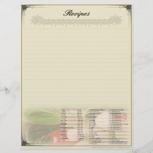 Recipe Letterhead With Measurement Conversions (Front)