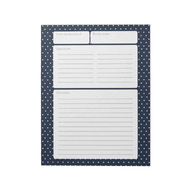 Recipe Page Navy Blue and Polka Dots Notepad (Rotated)