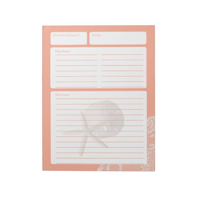 Recipe Page Sand Dollar and Lace Notepad (Rotated)
