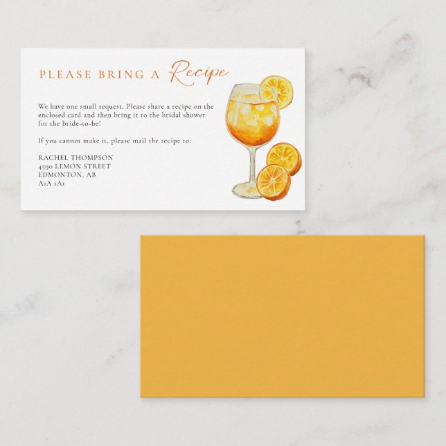 Recipe Request Aperol Spritz Orange Bridal Shower Enclosure Card (Front/Back)