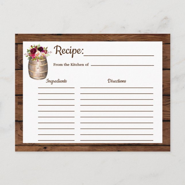Recipe Rustic Farmhouse Wine Barrel Country Insert Postcard (Front)
