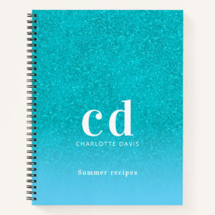 Recipe teal blue glitter aqua sea green monogram notebook