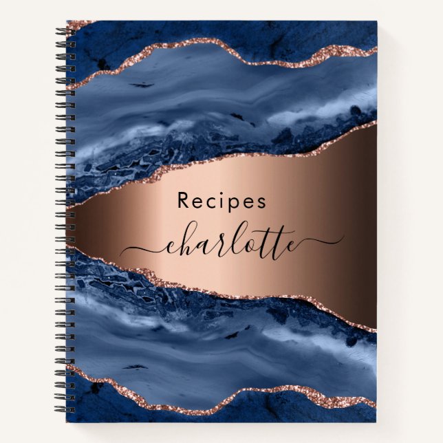 Recipes blue agate marble rose gold name script notebook (Front)