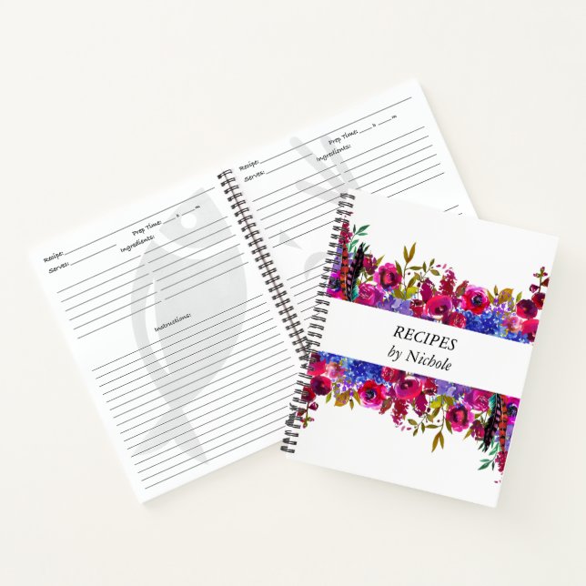 Recipes Bright Bold Flowers Pretty Personalised Notebook (Inside)