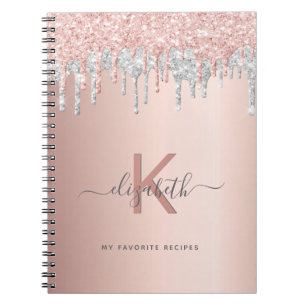 Recipes cookbook monogram glitter rose gold silver notebook