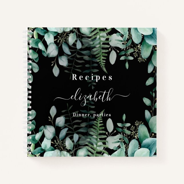 Recipes eucalyptus greenry woodland black notebook (Front)