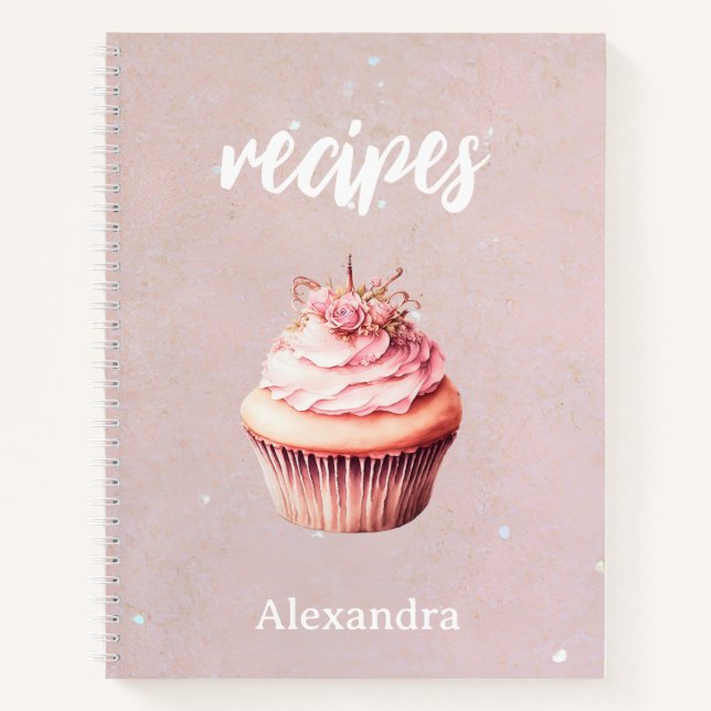 Recipes Pink Glitter Cupcake Personalised Notebook (Front)