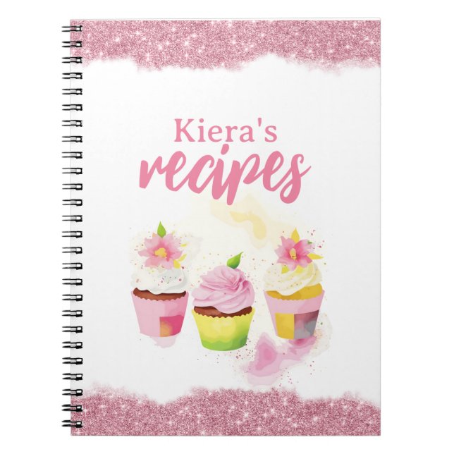 Recipes Pink Glitter Cupcake Personalized Notebook (Front)