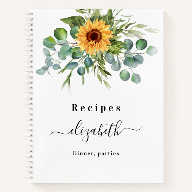 Recipes sunflower eucalyptus greenry script name notebook (Front)