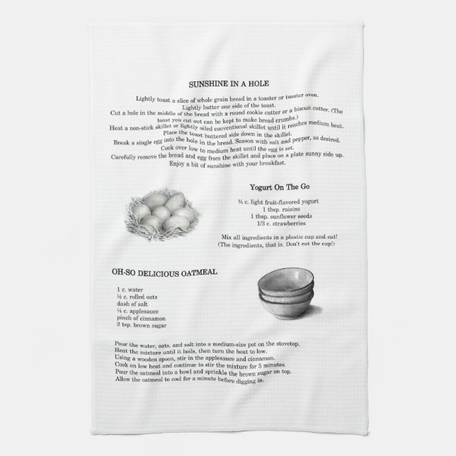 Recipes with Pencil Illustrations; Oatmeal, Eggs Tea Towel (Vertical)