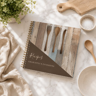 Recipes wooden kitchen utensils brown cookbook notebook