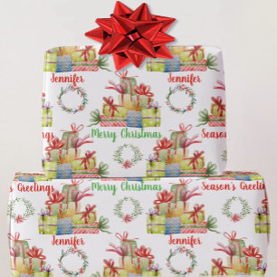 Recipients Name Christmas Watercolor of Gifts Wrapping Paper