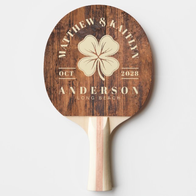 Reclaimed Wood Irish Lucky Clover Wedding Crest Ping Pong Paddle (Front)