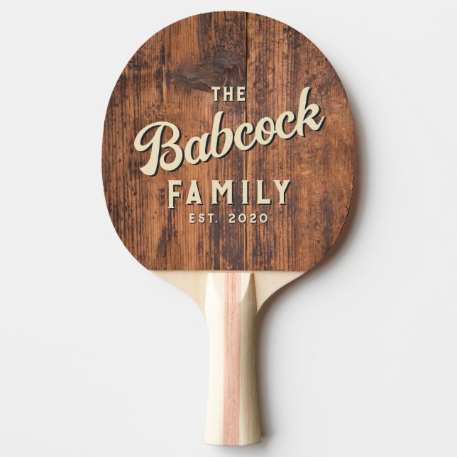 Reclaimed Wood Retro Family Name & Year Ping Pong Paddle (Front)