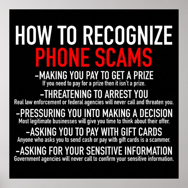 Recognise Phone Scams - Scam Prevention List Poster (Front)