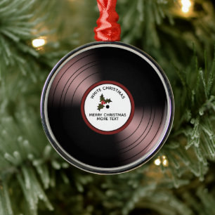 Record Album Personalised Christmas Red Tint Metal Ornament
