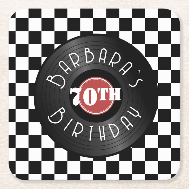 Record Player Rock N Roll Themed Birthday Party Square Paper Coaster (Front)